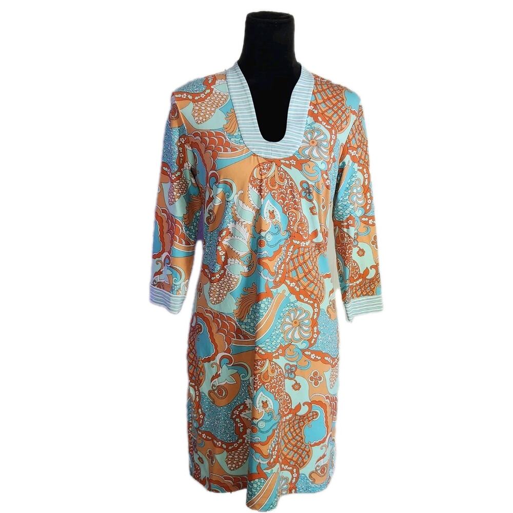 J. McLaughlin Blue Orange Paisley Floral Sheath Jersey Dress 3/4 Sleeves Small